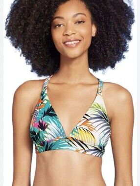 NWT Shade & Shore Tropical Print Triangle Bikini Top Crisscross Back Size L